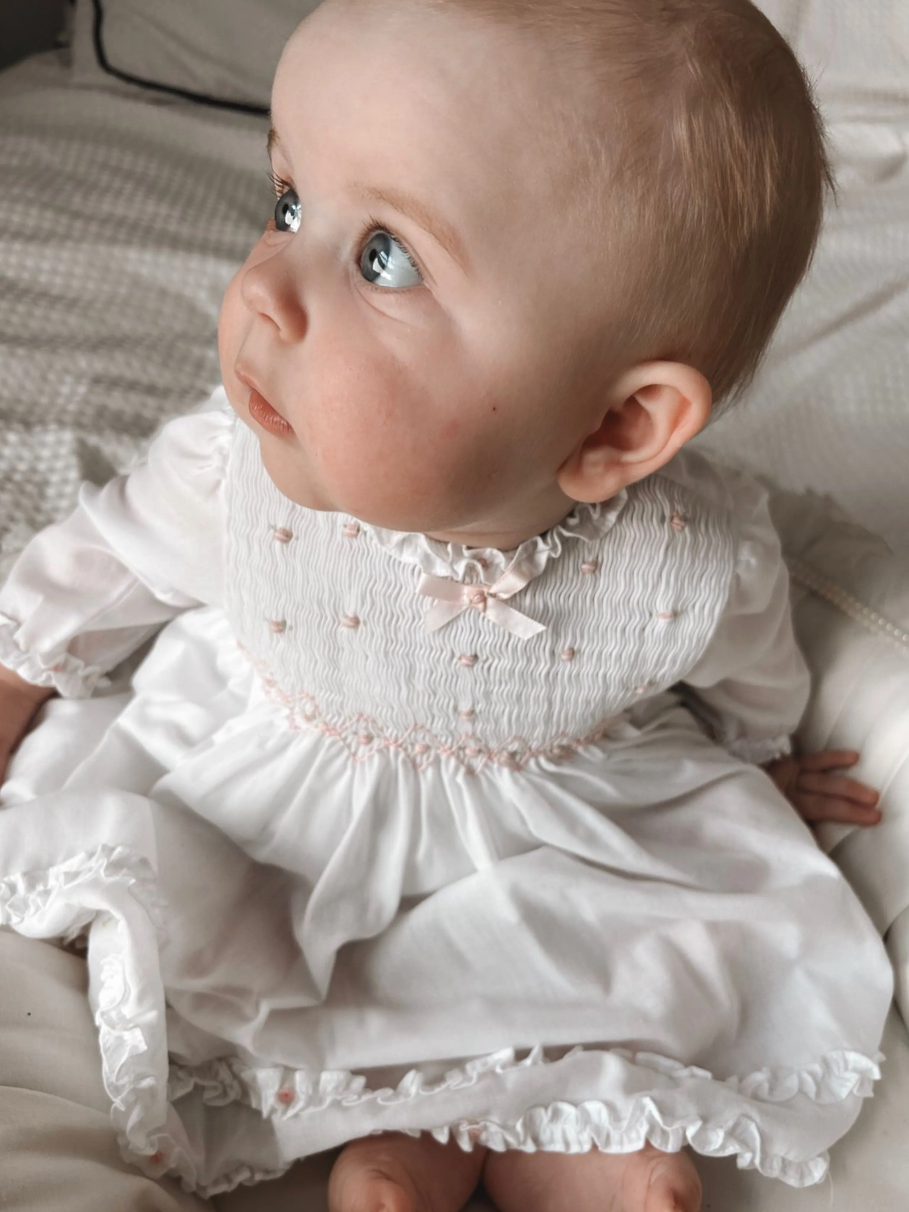 Sarah Louise white & pink dress, bonnet & knicker set