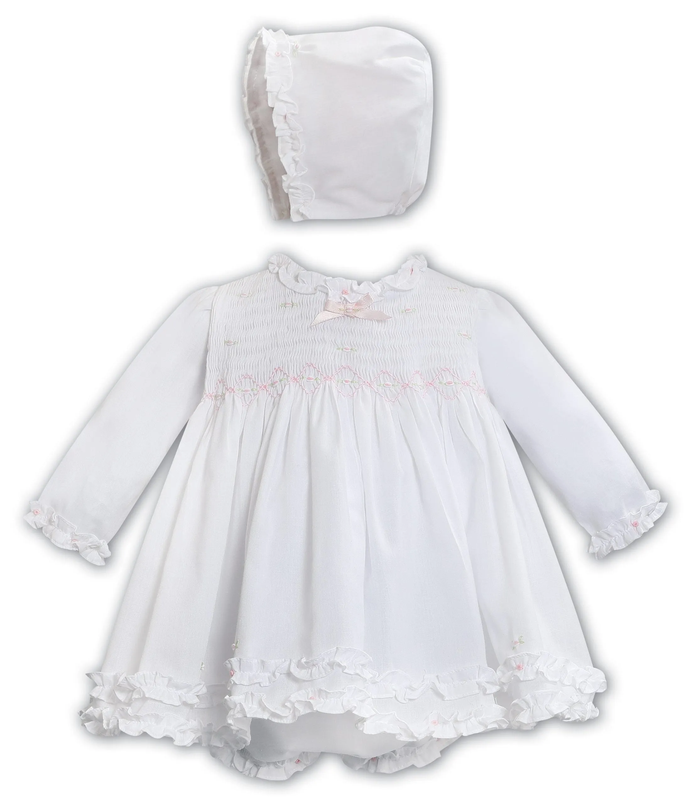 Sarah Louise white & pink dress, bonnet & knicker set