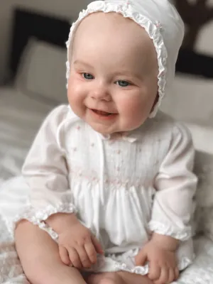 Sarah Louise white & pink dress, bonnet & knicker set