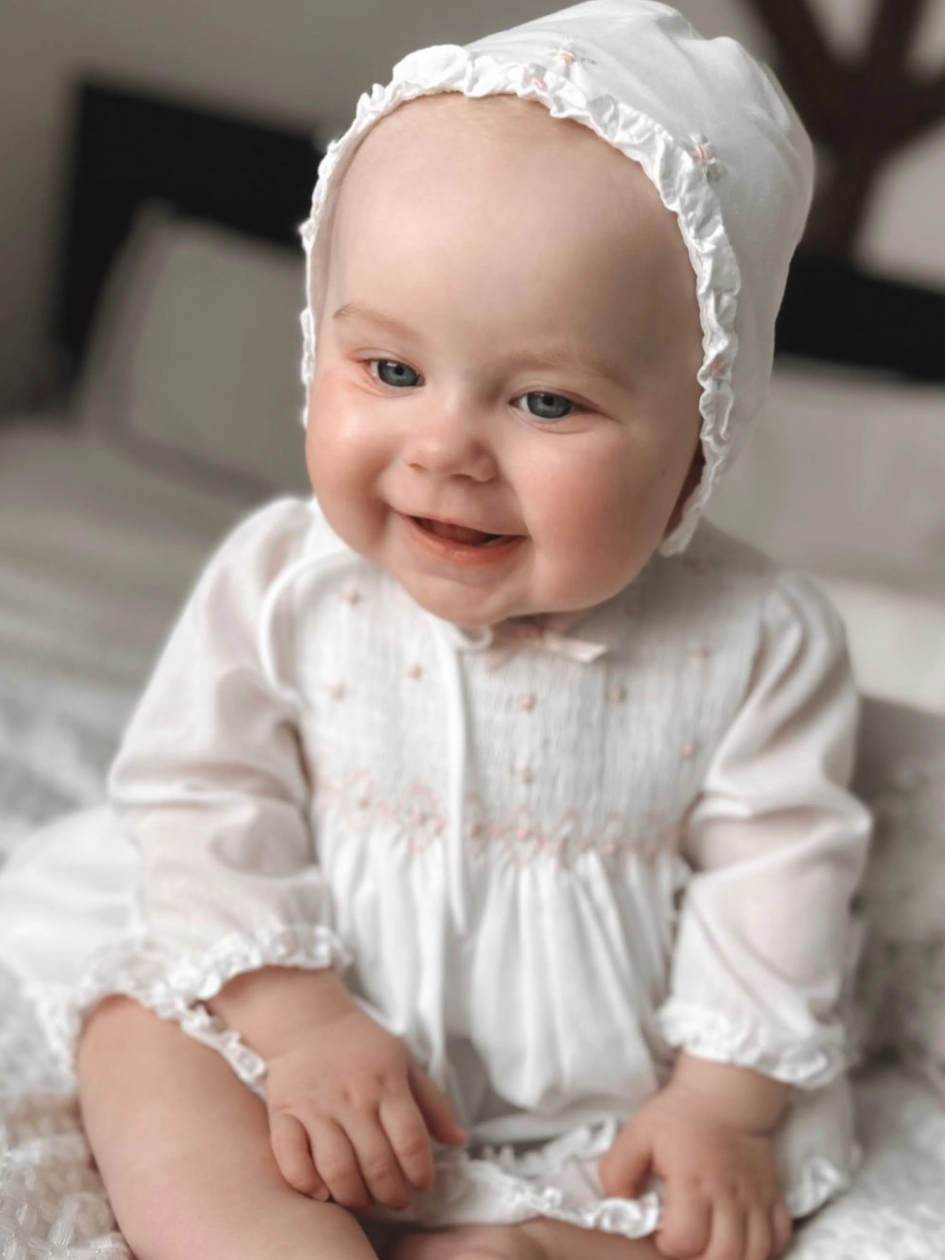 Sarah Louise white & pink dress, bonnet & knicker set