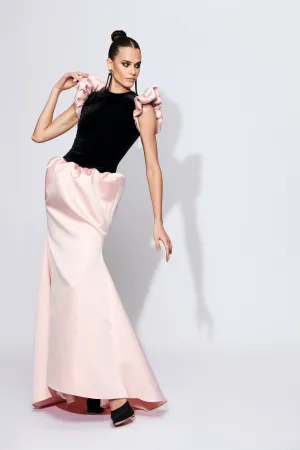 Satin Ruffled Drop Waist Gown