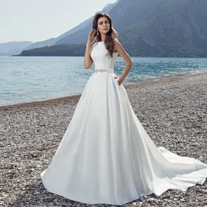 Satin Wedding Dresses With Pockets Robe Mariage See Through Appliques Buttons Up Back Beading Crystal Waist White Gowns Gelinlik