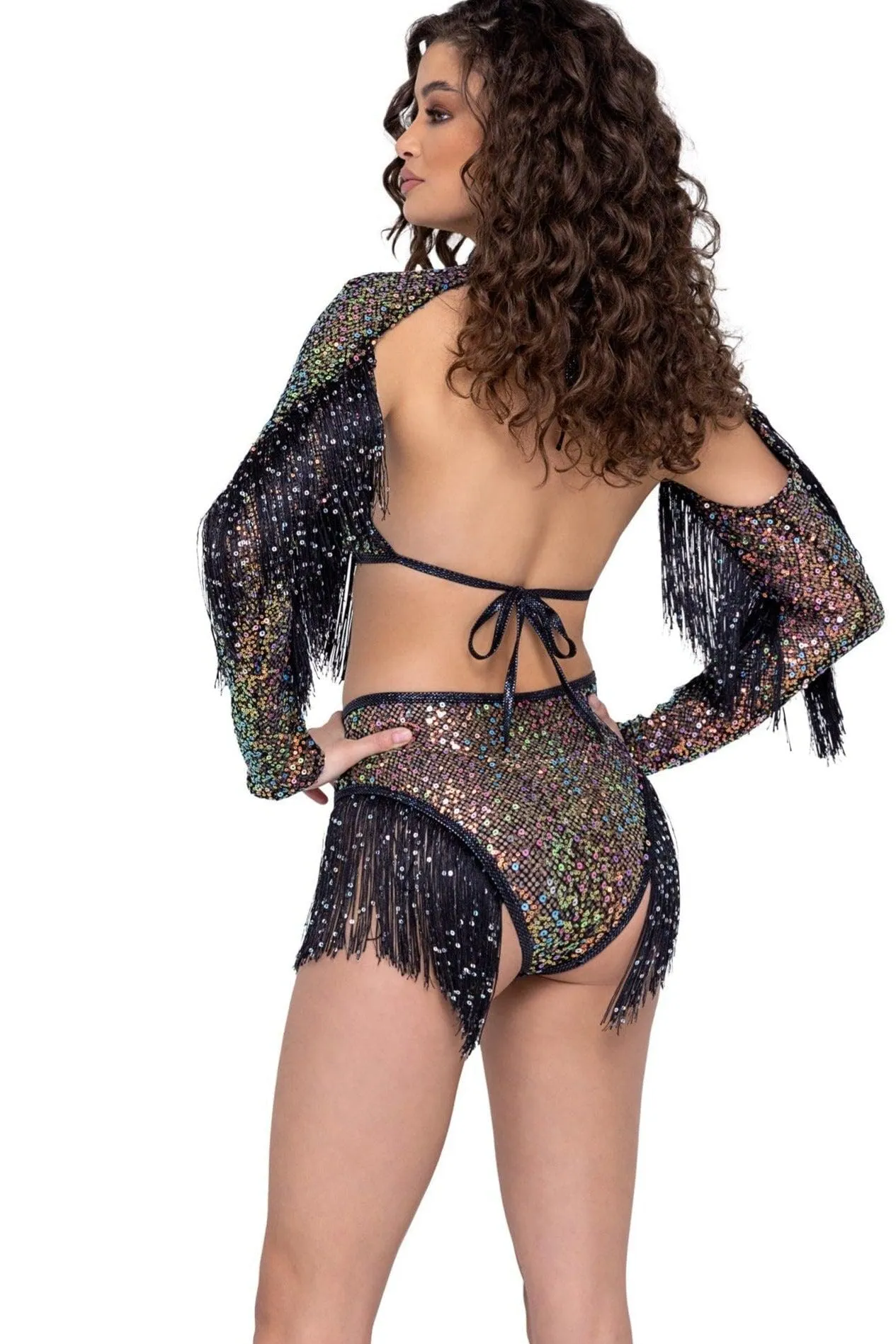 Sequin Fishnet Shrug with Fringe Detail