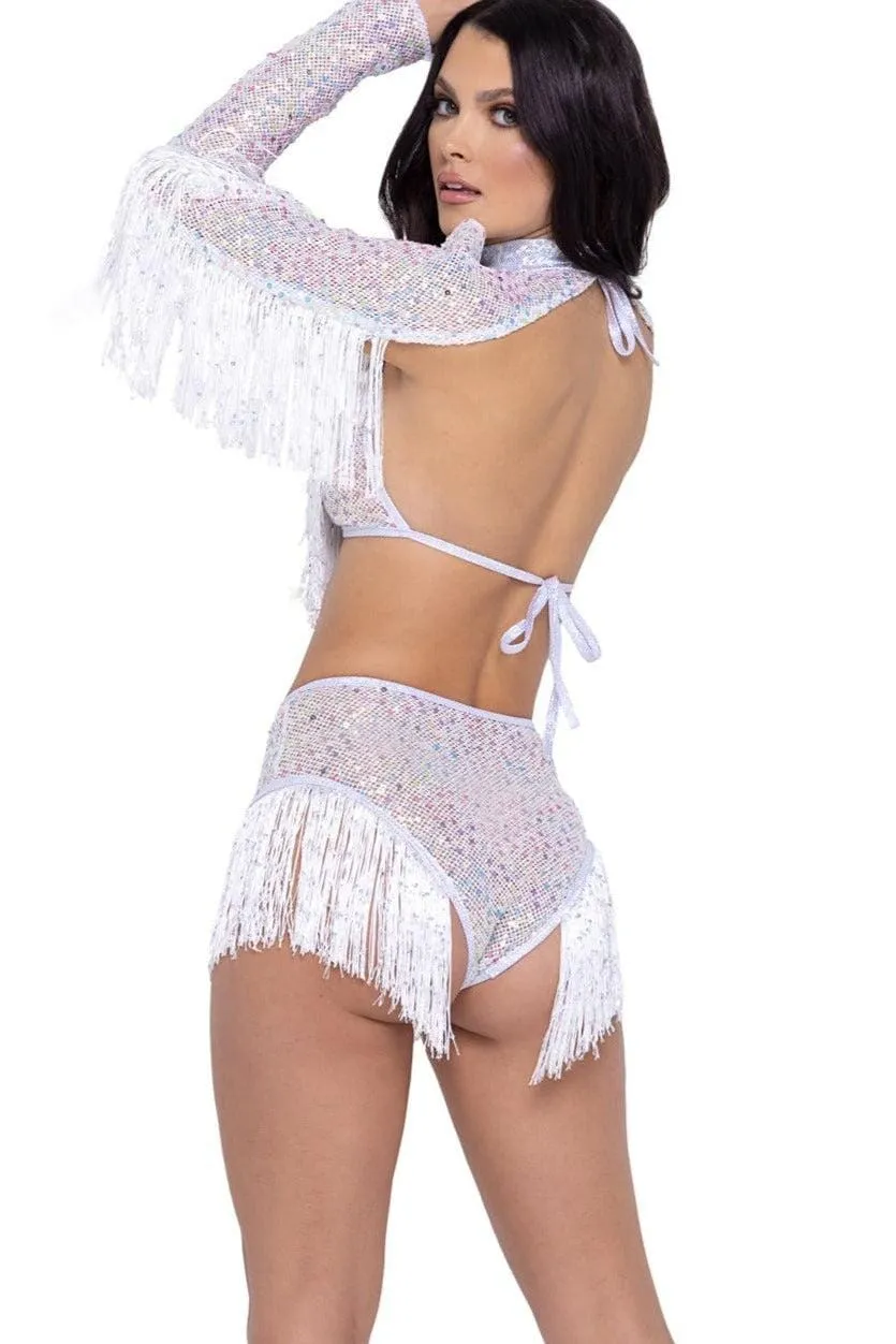 Sequin Fishnet Shrug with Fringe Detail