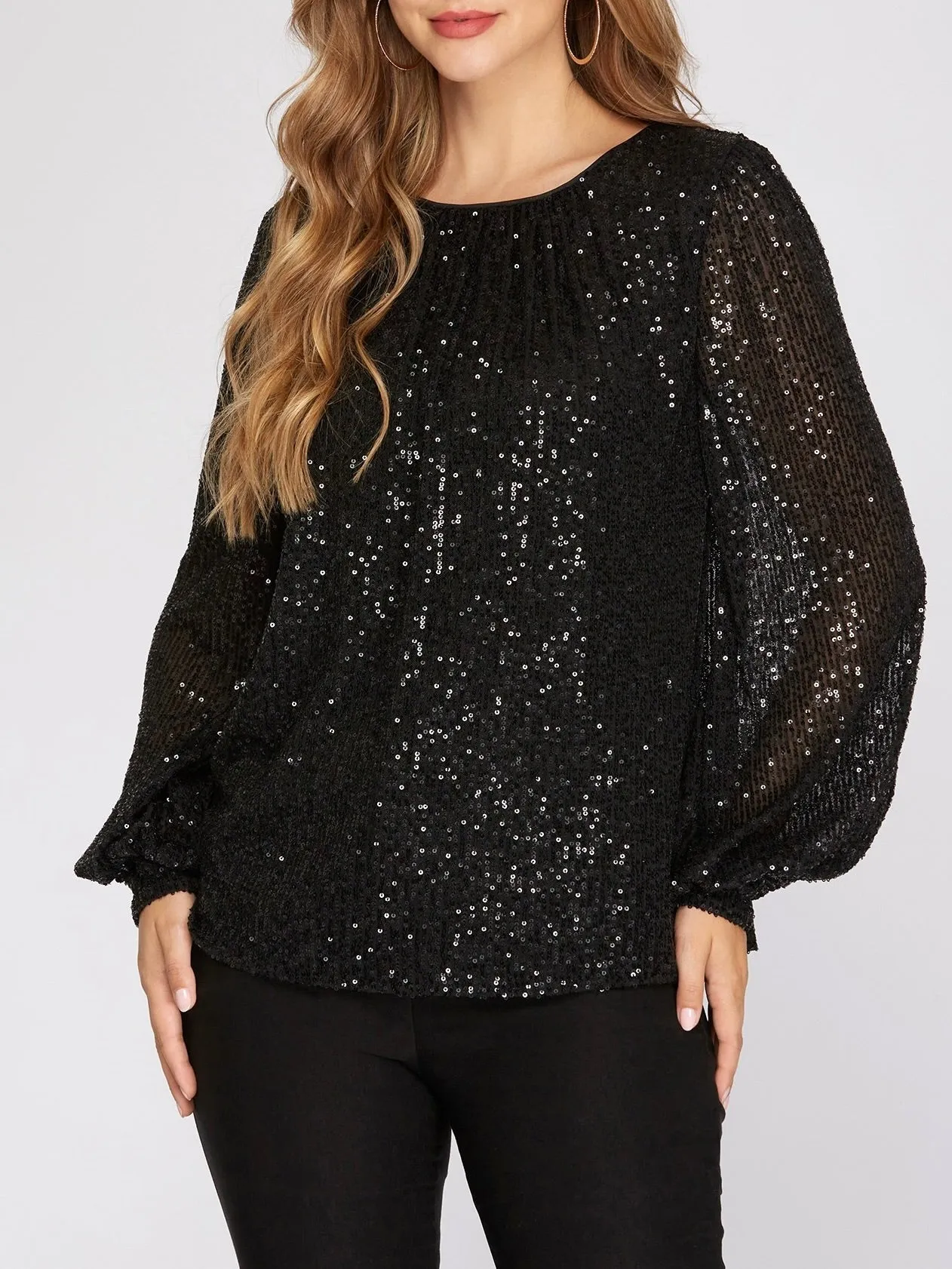 Sequin Long Sleeve Puff Sleeve Top - Black