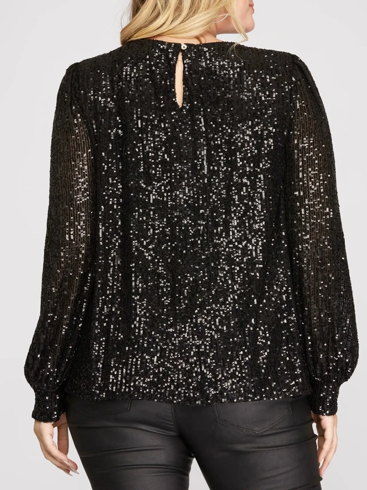 Sequin Long Sleeve Puff Sleeve Top - Black