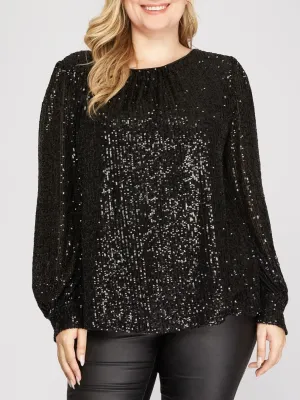 Sequin Long Sleeve Puff Sleeve Top - Black