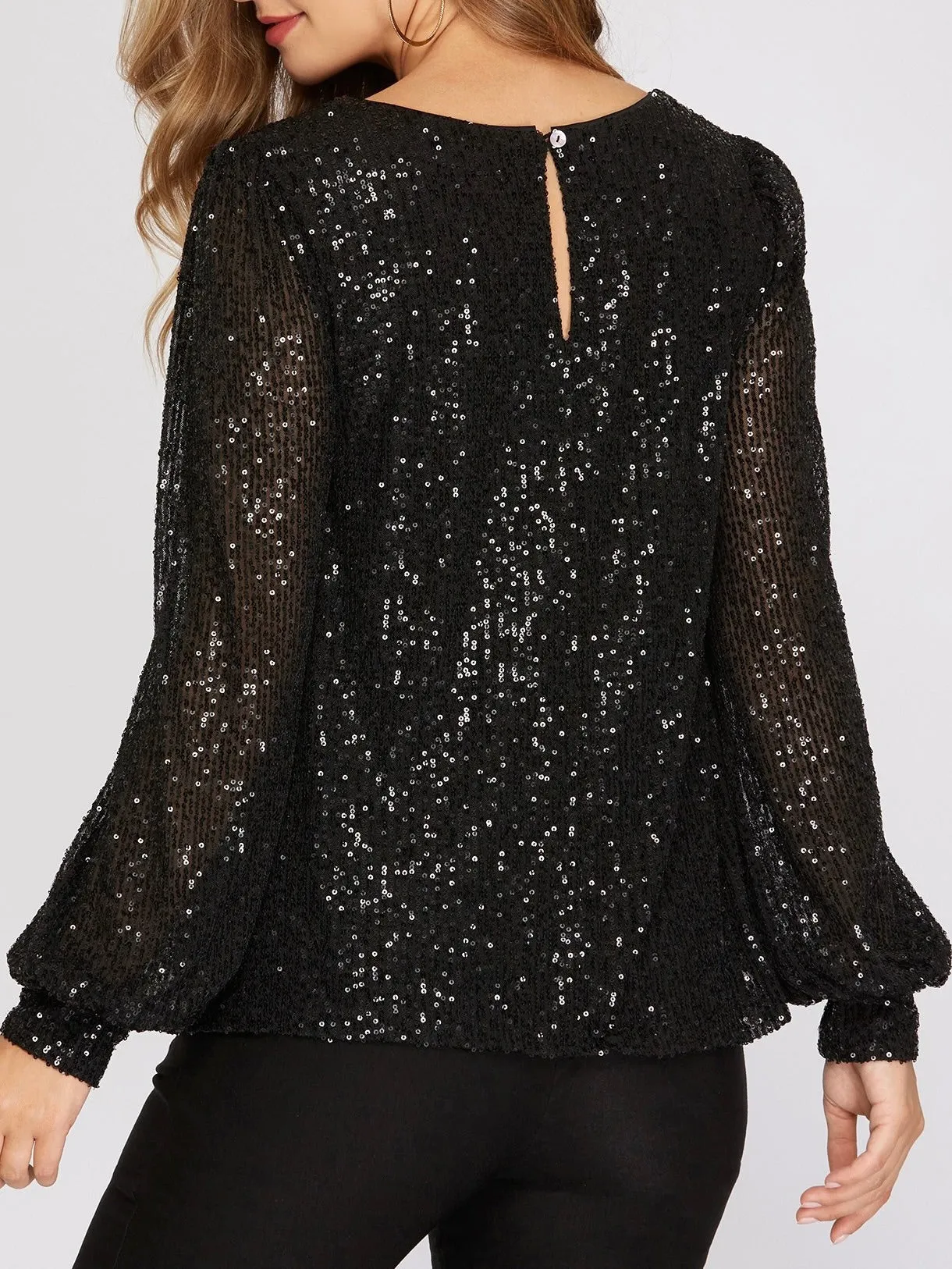 Sequin Long Sleeve Puff Sleeve Top - Black