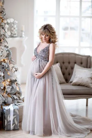 Sequin Maternity Dresses Baby Shower Gowns with Tulle Skirt
