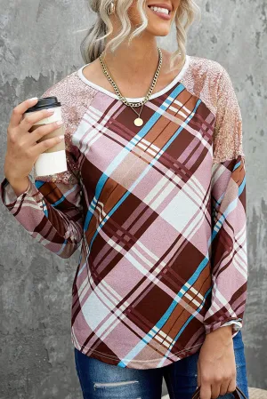 Sequin Shoulder Splicing Plaid Long Sleeve Top