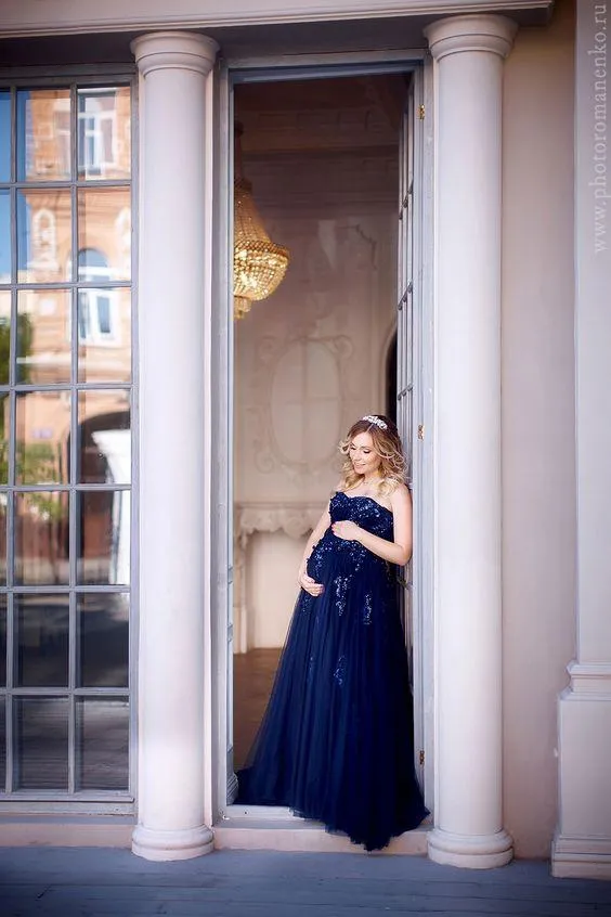 Sequined Details Maternity Gown Photography Long Tulle Dress for Wedding Baby Shower