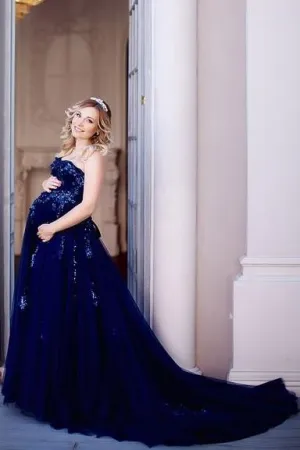 Sequined Details Maternity Gown Photography Long Tulle Dress for Wedding Baby Shower