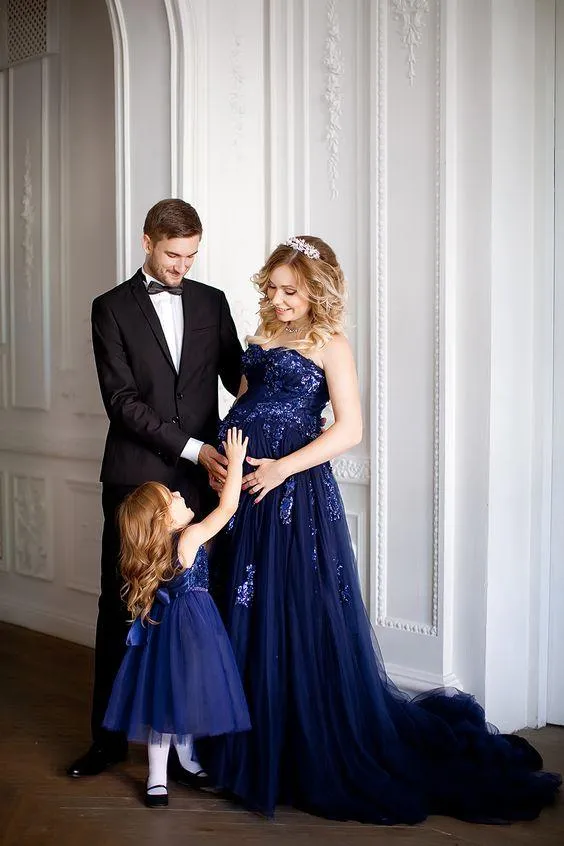 Sequined Details Maternity Gown Photography Long Tulle Dress for Wedding Baby Shower