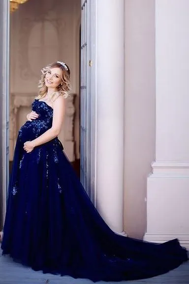 Sequined Details Maternity Gown Photography Long Tulle Dress for Wedding Baby Shower