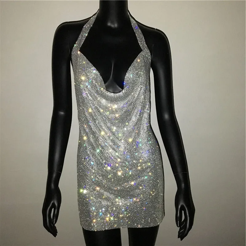 Sexy Deep V Neck Crystal Luxury Rhinestone Halter Dance Party Diamond Backless Split Mini Dresses