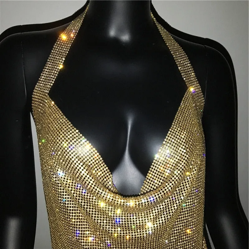 Sexy Deep V Neck Crystal Luxury Rhinestone Halter Dance Party Diamond Backless Split Mini Dresses