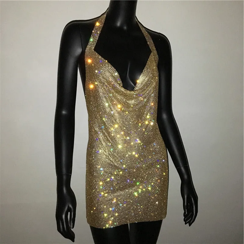Sexy Deep V Neck Crystal Luxury Rhinestone Halter Dance Party Diamond Backless Split Mini Dresses