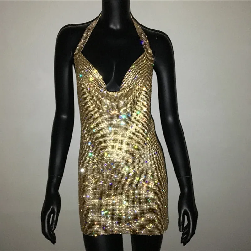 Sexy Deep V Neck Crystal Luxury Rhinestone Halter Dance Party Diamond Backless Split Mini Dresses