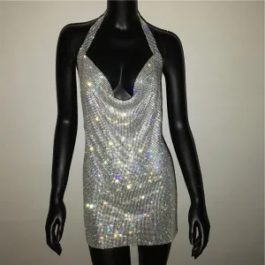 Sexy Deep V Neck Crystal Luxury Rhinestone Halter Dance Party Diamond Backless Split Mini Dresses