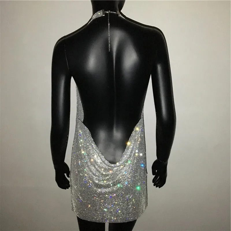 Sexy Deep V Neck Crystal Luxury Rhinestone Halter Dance Party Diamond Backless Split Mini Dresses