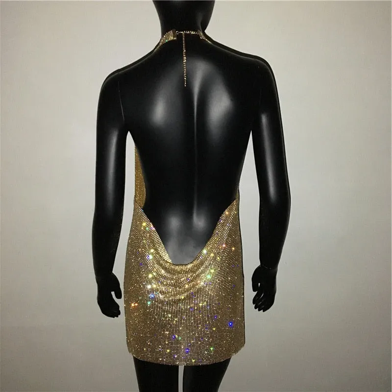 Sexy Deep V Neck Crystal Luxury Rhinestone Halter Dance Party Diamond Backless Split Mini Dresses
