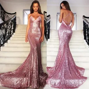 Sexy Rose Pink Sequin Prom Dresses Mermaid Long Gowns