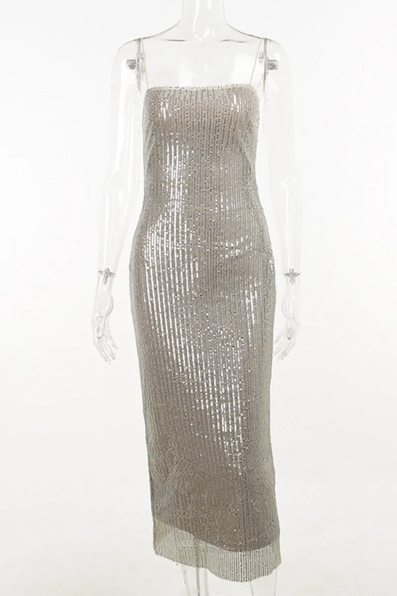 Sexy Solid Sequins Backless Sequined Square Collar Sling Dresses
