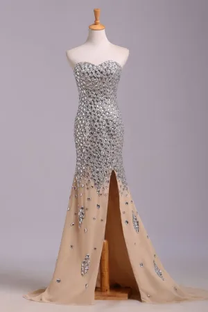 Sexy Sweetheart Sequined Prom Strapless Mermaid Split Rhinestone Evening Dress