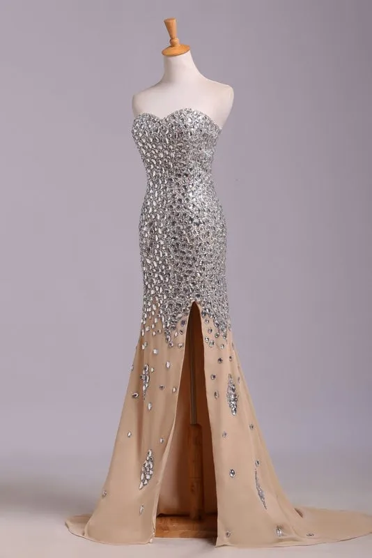 Sexy Sweetheart Sequined Prom Strapless Mermaid Split Rhinestone Evening Dress