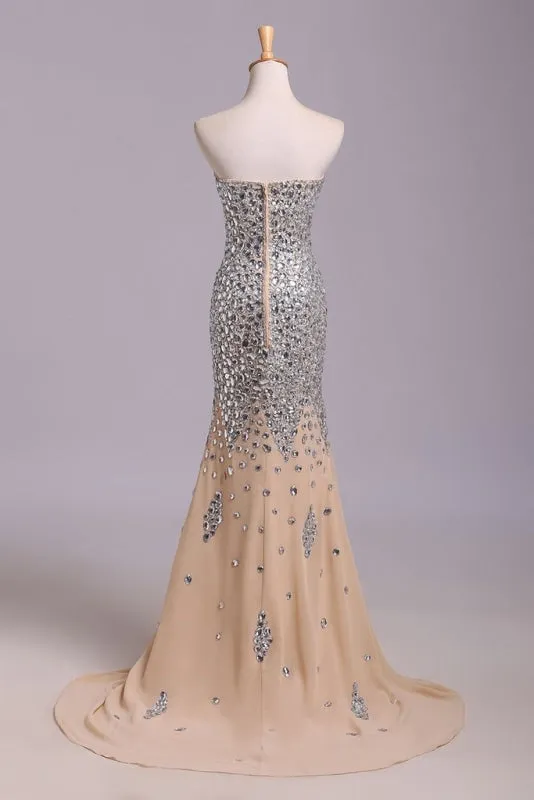 Sexy Sweetheart Sequined Prom Strapless Mermaid Split Rhinestone Evening Dress