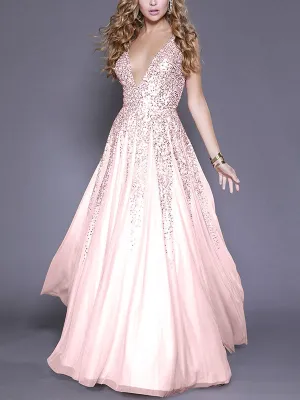 Sexy V-neck Sequined Sleeveless Evening Dress