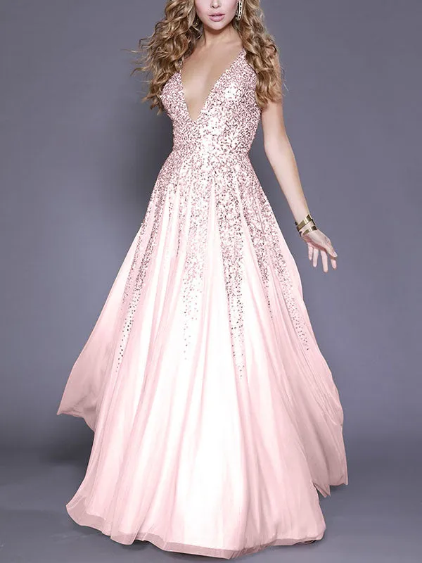 Sexy V-neck Sequined Sleeveless Evening Dress