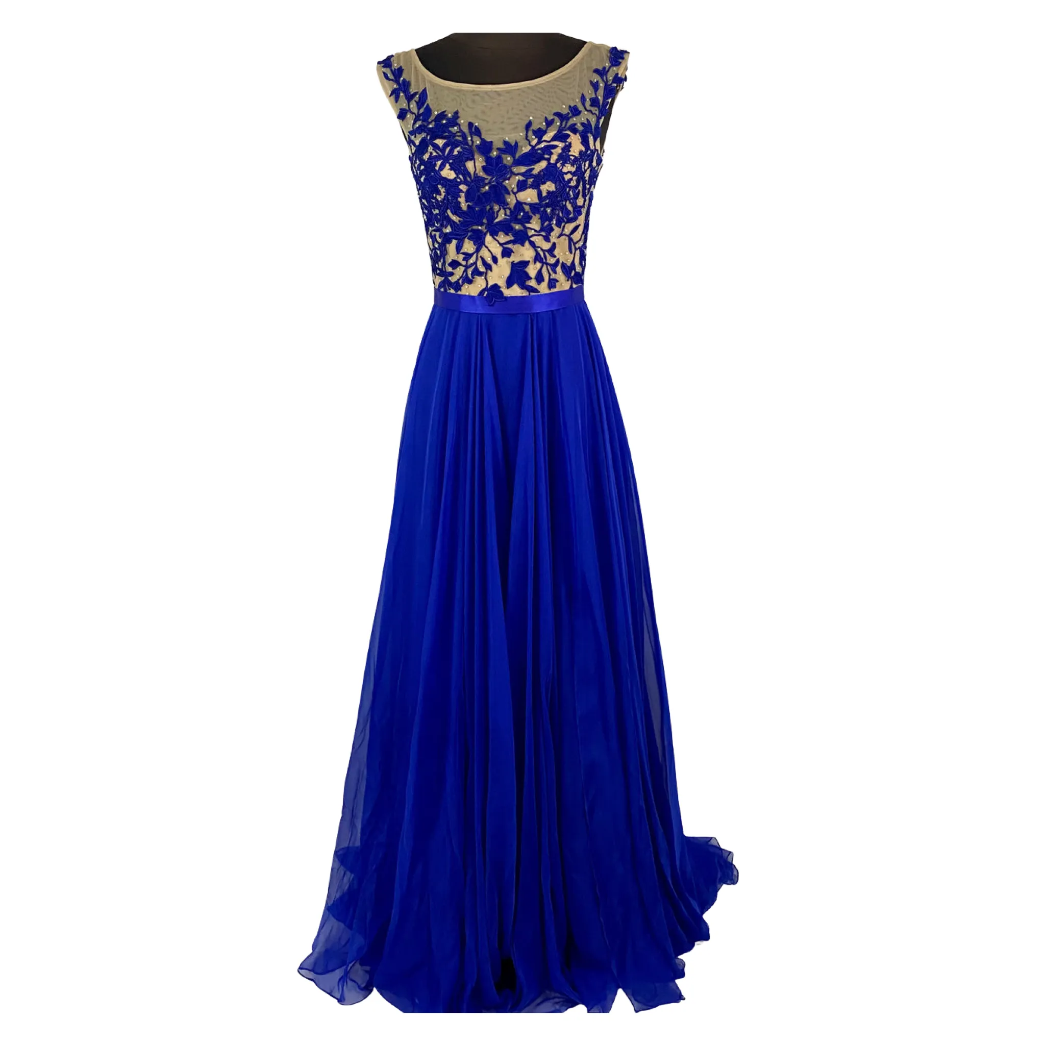 SHERRI HILL 11151 Royal Blue/Nude Cap Sleeve Empire Waist Long Gown Size 6