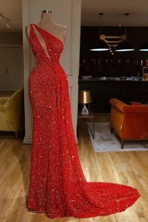 Shinny One Shoulder Red Sequins Sexy Long Prom Dresses