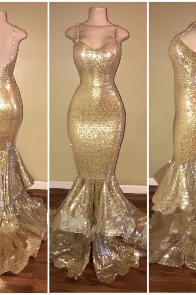 Shiny Sequins Mermaid Spaghettis-Straps Layers-Train Gold Prom Dresses