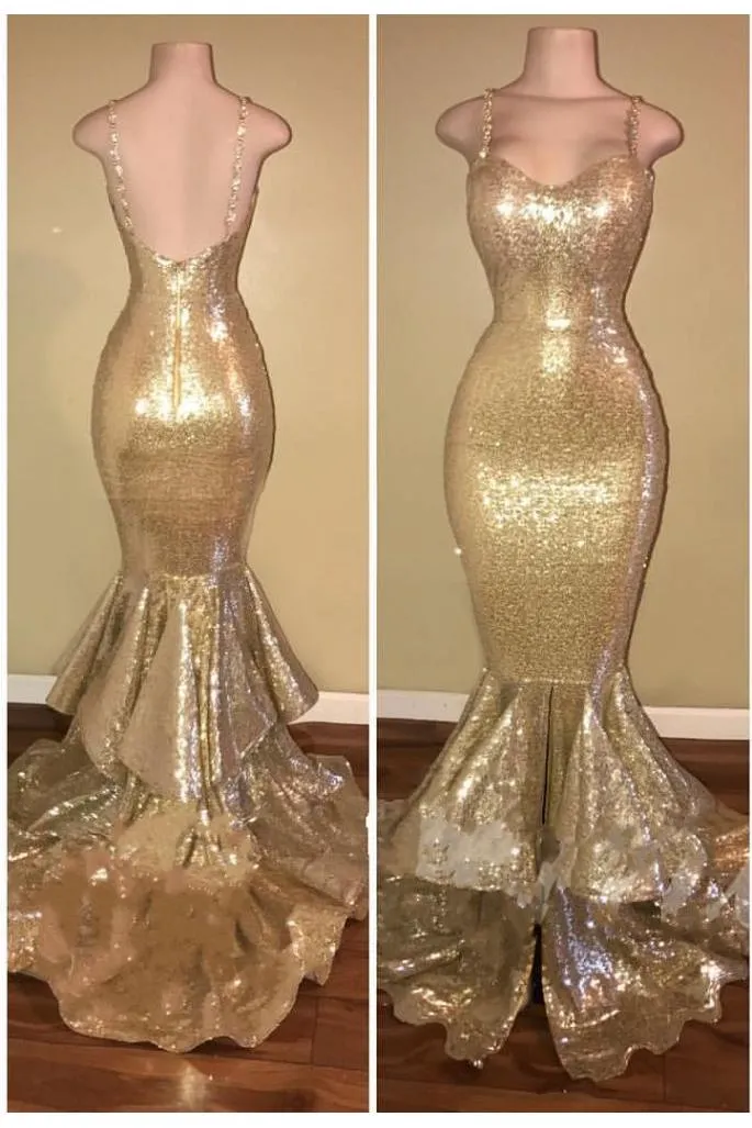 Shiny Sequins Mermaid Spaghettis-Straps Layers-Train Gold Prom Dresses