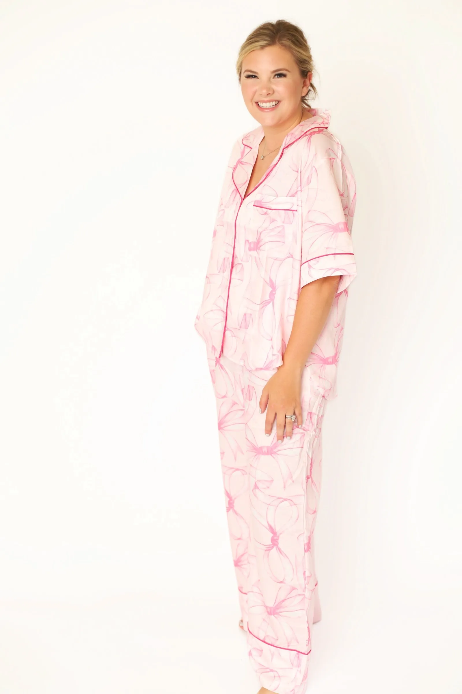 Short Sleeve Bow Printed Pajama Pant Set - Light Pink