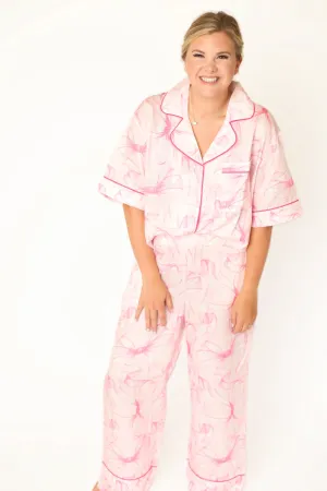 Short Sleeve Bow Printed Pajama Pant Set - Light Pink