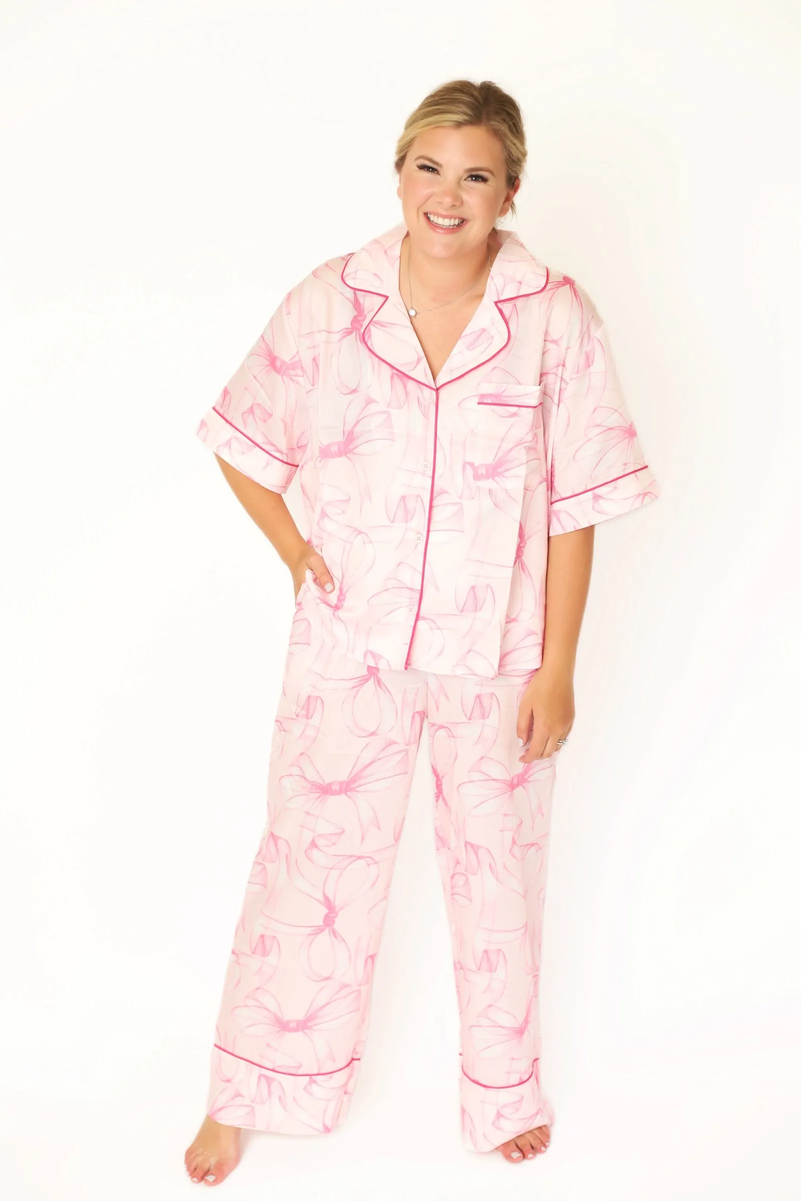 Short Sleeve Bow Printed Pajama Pant Set - Light Pink