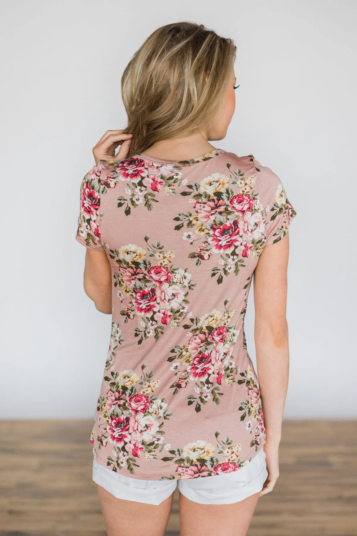 Short Sleeve Floral Glam Pocket Top - Apricot