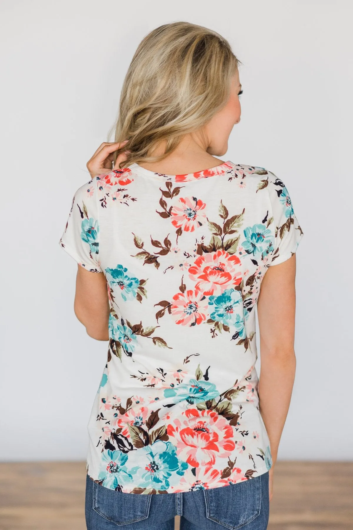 Short Sleeve Ivory Floral Glam Pocket Top