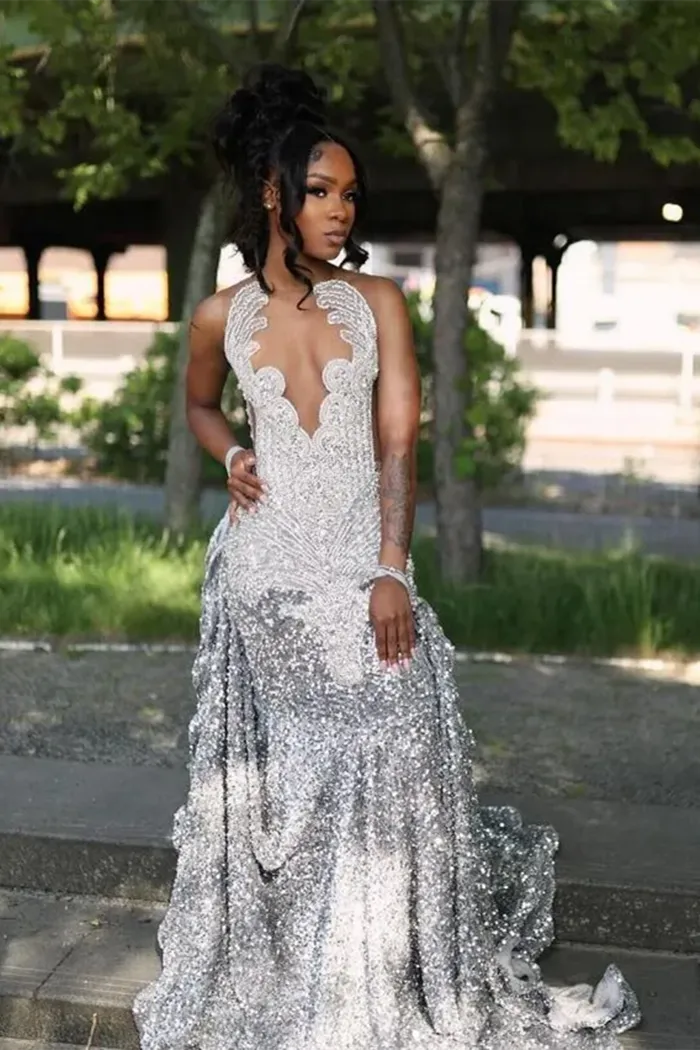 Silver Beaded V-neck Sequin A-line Sleeveless Floor length Prom Dresses
