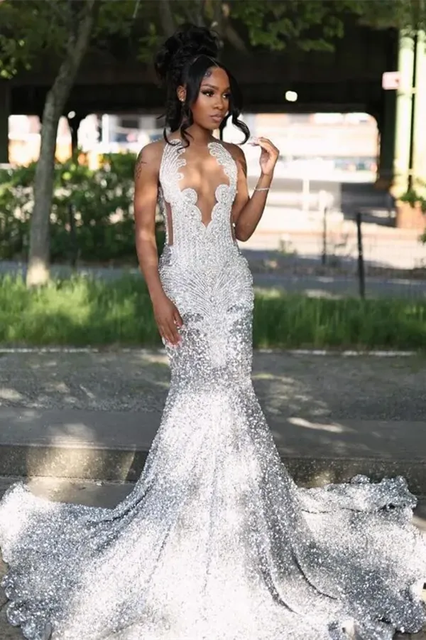 Silver Beaded V-neck Sequin A-line Sleeveless Floor length Prom Dresses