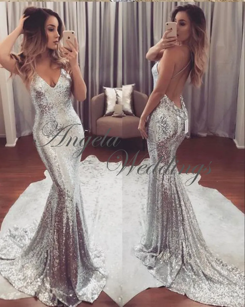Silver Bling Bling Mermaid Prom Dresses Backless Beach Dress