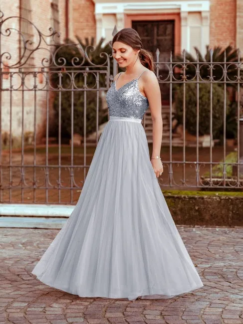 silver bridesmaid dresses long sequined v neck tulle cheap custom wedding party dresses