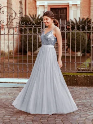 silver bridesmaid dresses long sequined v neck tulle cheap custom wedding party dresses