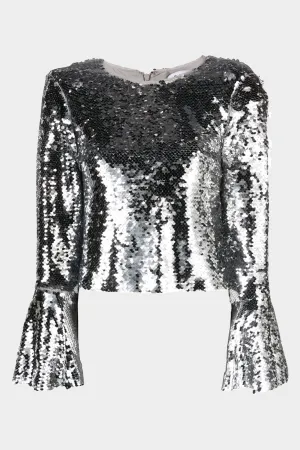 Silver Sequin Flared Sleeve Top
