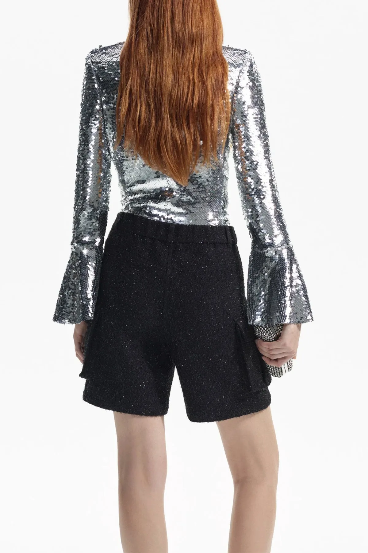 Silver Sequin Flared Sleeve Top