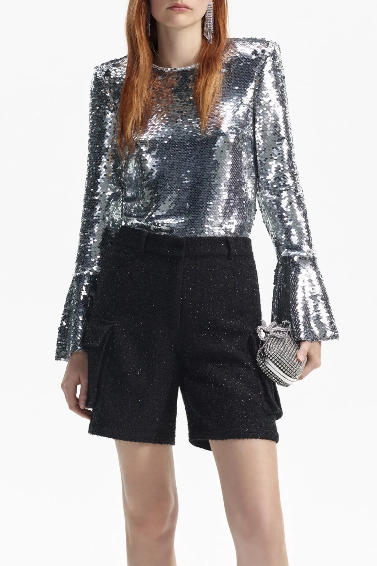 Silver Sequin Flared Sleeve Top