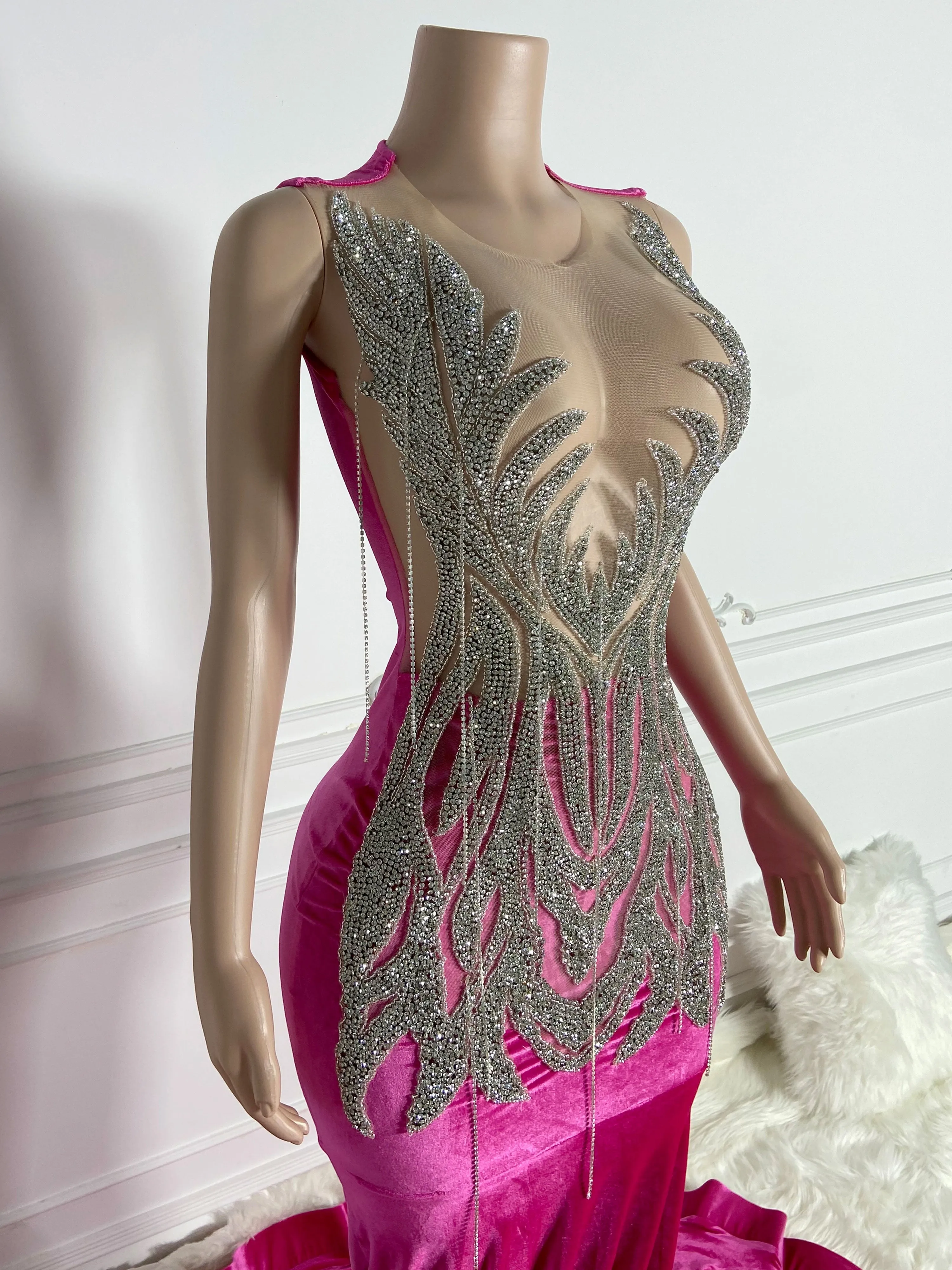 Silver Velvet Rhinestone Elegant Gown